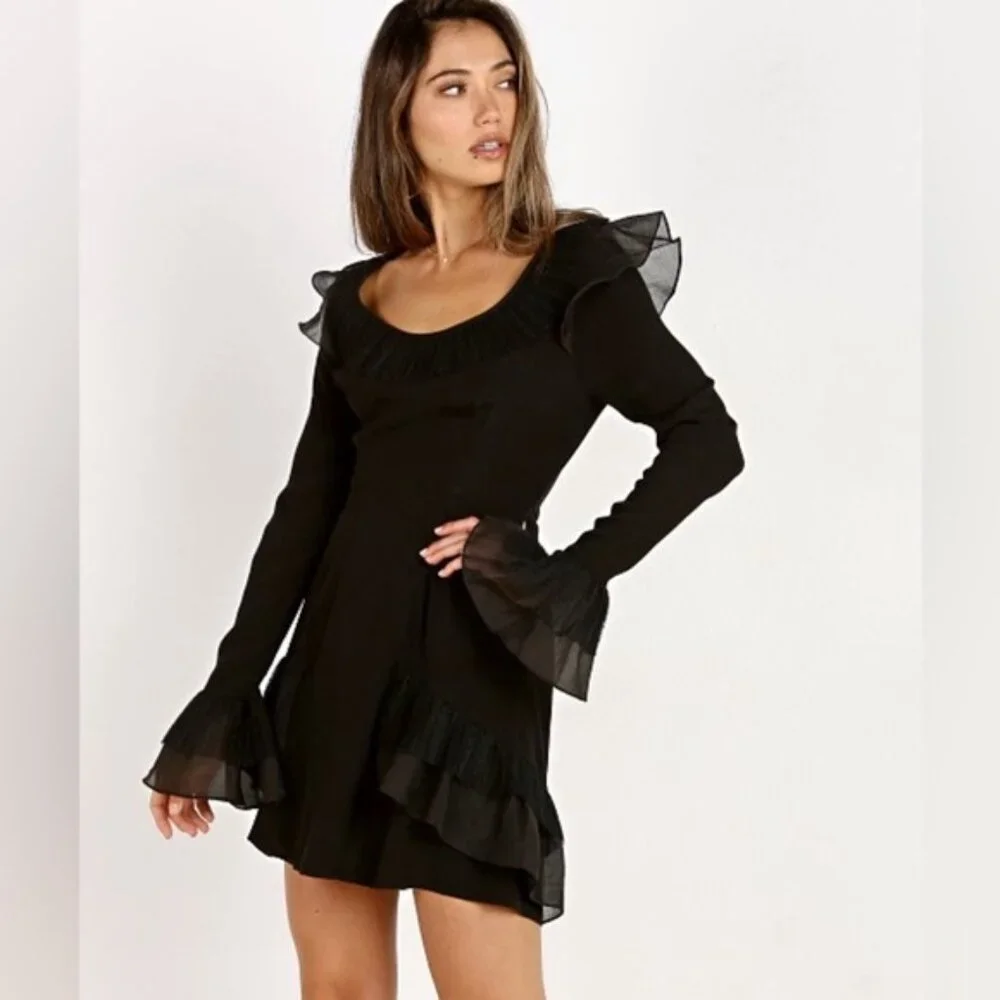 Free People For Love & Lemons Mini Dress XS Flare Sleeve Ruffles Black Prom Grad - Picture 8 of 16